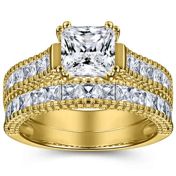 Turkish Gold Ring Sets Princess Cut CZ 10k 14k 18k Gold Non Fading Jewelry Wedding Rings