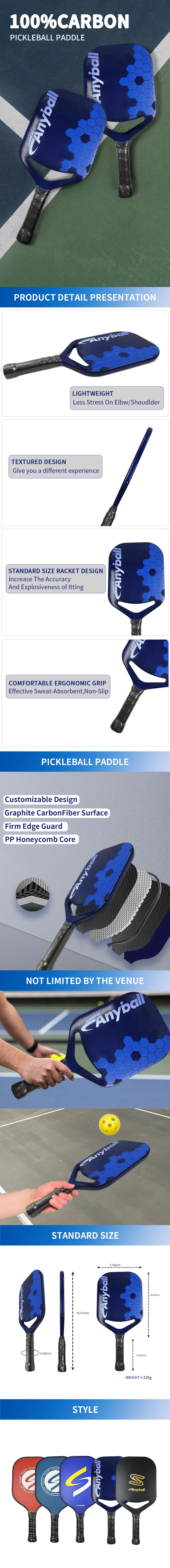 Anyball T700 Lightweight Carbon Fiber Pickleball Paddle Outdoor Training Customized Use Honeycomb Approved OEM/ODM manufacture