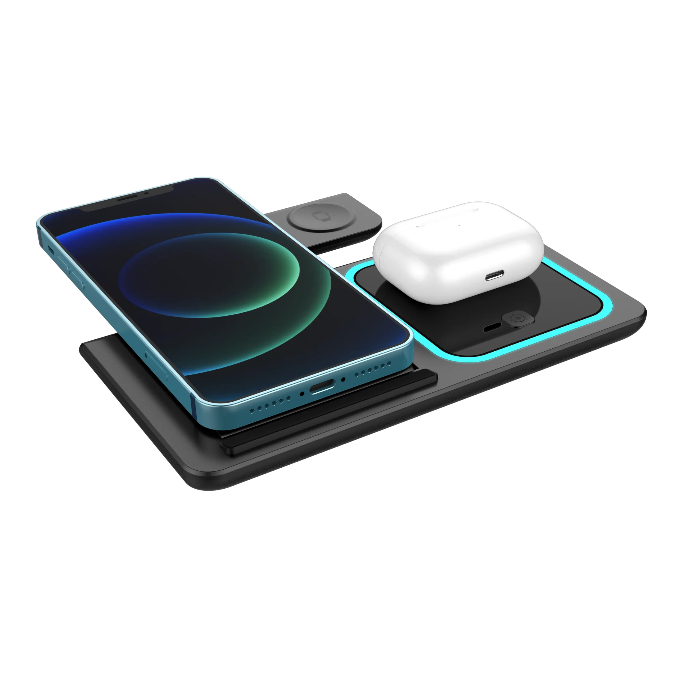 2023 Most Popular 3 in 1 Foldable Phone Stand Wireless Charger With Dual Coils for Mobile Phone Charging/Earphone/Smart Watch