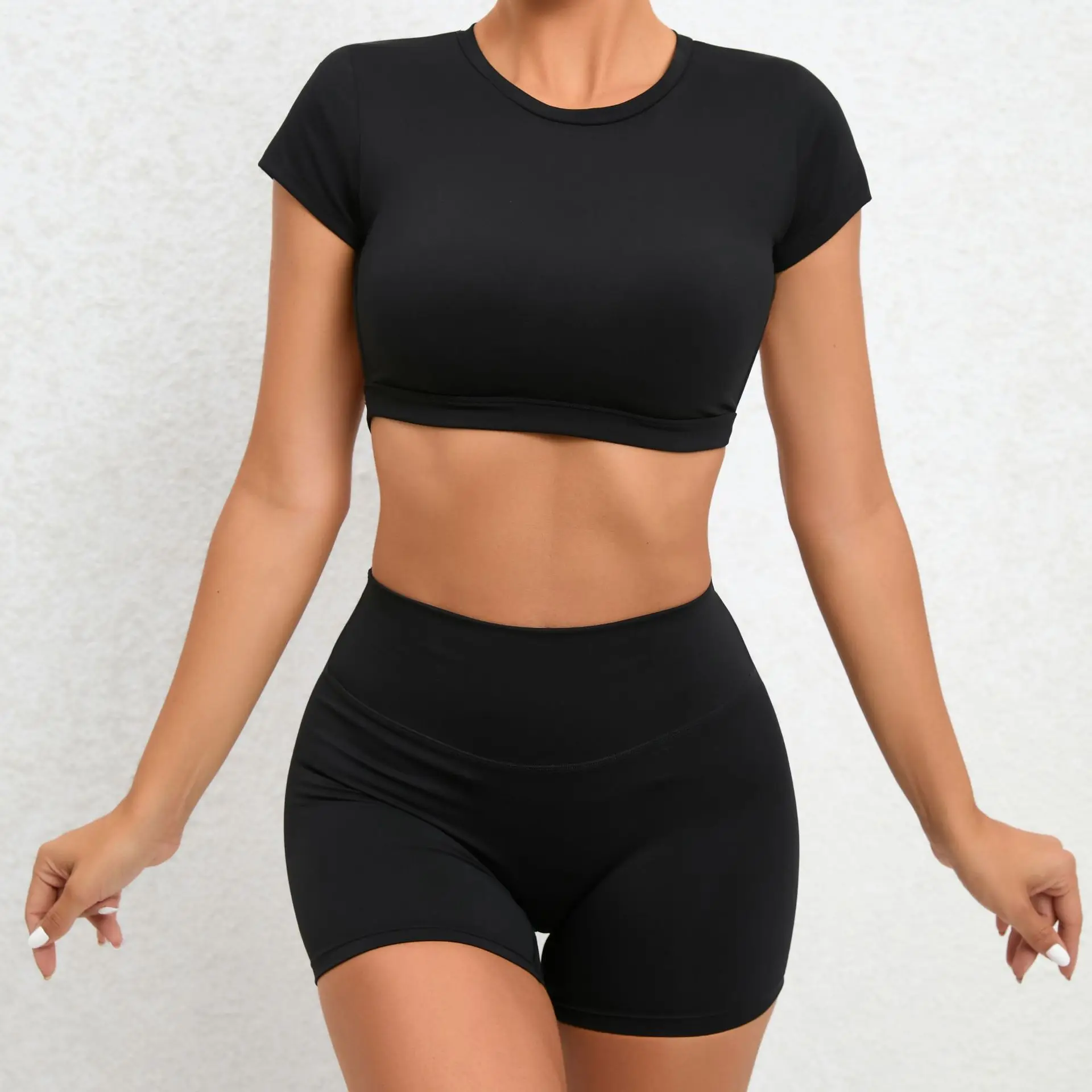 Workout Clothes Biker Short Workout Set Black Seamless Zip Top And