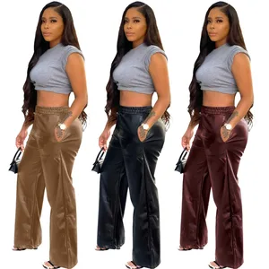 Hot sale Spring and Summer New Solid Color Simple Design Loose Wide Leg Leather Pants