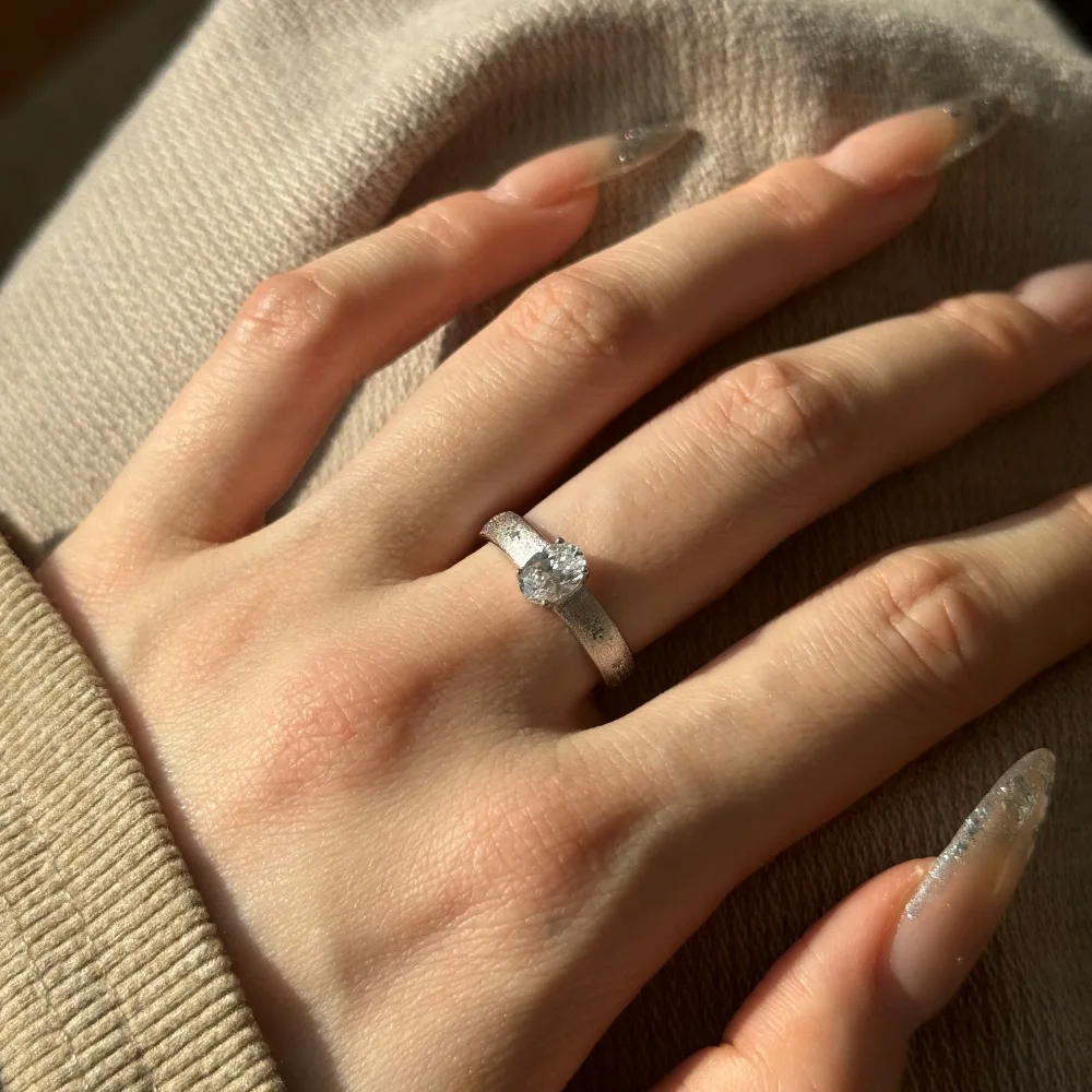 KAKODIY Adjustable Open 925 Sterling Silver Zircon Ring Engagement Women's Matte Star Oval Ring detail 6