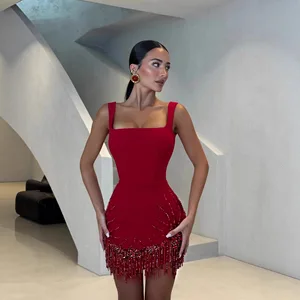 Women Celebrity Sexy Off Shoulder Pearl Red Mini Bandage Bodycon Dress Elegant Evening Club Party Dresses