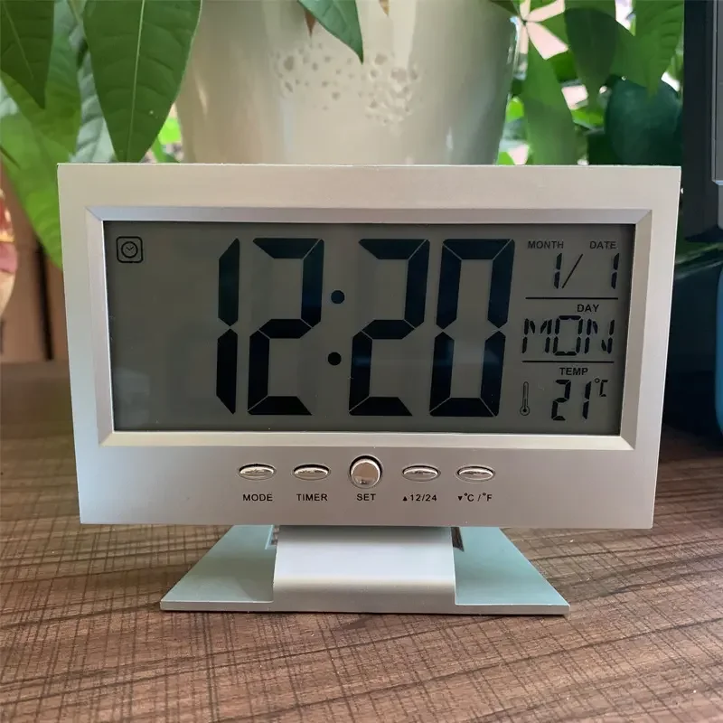 Desktop Indoor Digital LCD Electronics Alarm Clock Snooze Calendar Temperature Display Sound Activated Clock