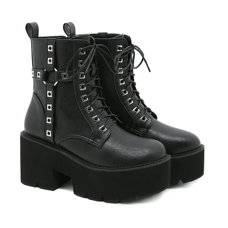 Fashion Gothic Style Thick Sole Round Toe Platform Winter Chunky Heel Rivet Black Leather Women Ankle Boots - Image 6