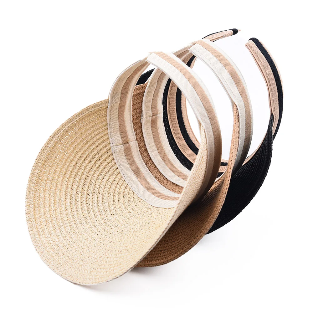 FF482 Custom Striped Solid Color Sun Hat Wide Brim Golf Sports Caps Summer UV Protection Cap Ponytail Visor Straw Hats
