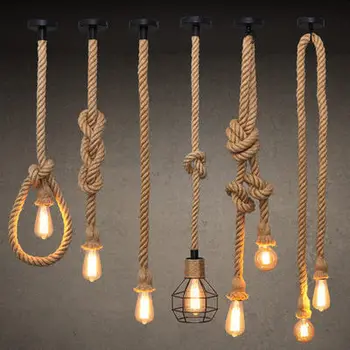 vintage hemp rope chandeliers pendant lights retro loft industrial hanging lamp led bulb lamp lighting fixture