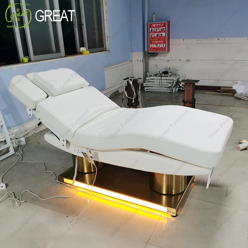 White Leather Gold Round Base Beauty Salon Eyelash Bed 3/4 Motors Electric Spa Equipment Massage
