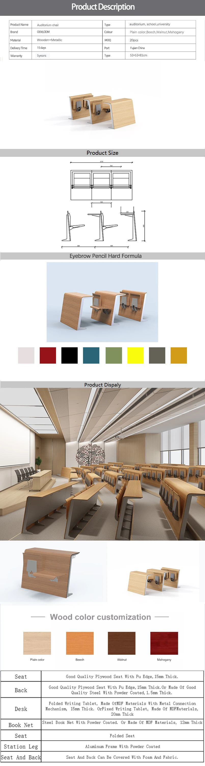 Luxury high quality auditorium school furniture student chair and desk classroom for university sets