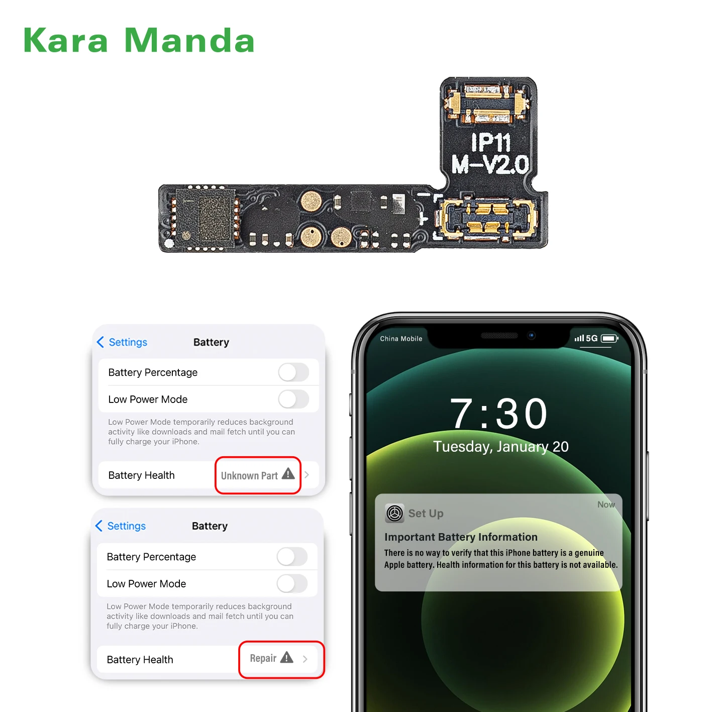 Kara Manda 2023 для 11 12 13 Pro Max Mini iPhone ремонт аккумулятора гибкий кабель решает шифрование предупреждение об