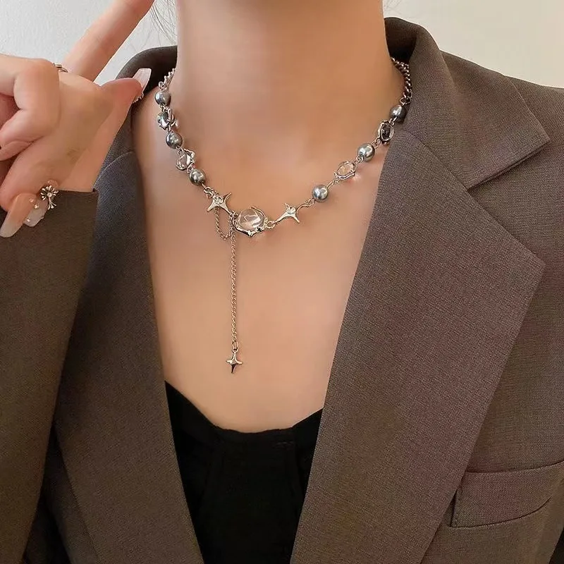 ZooYing Exquisite Moonlight Stone Set with Diamond Four Star Pendant Necklace Fashion Baroque Choker Jewelry for Women