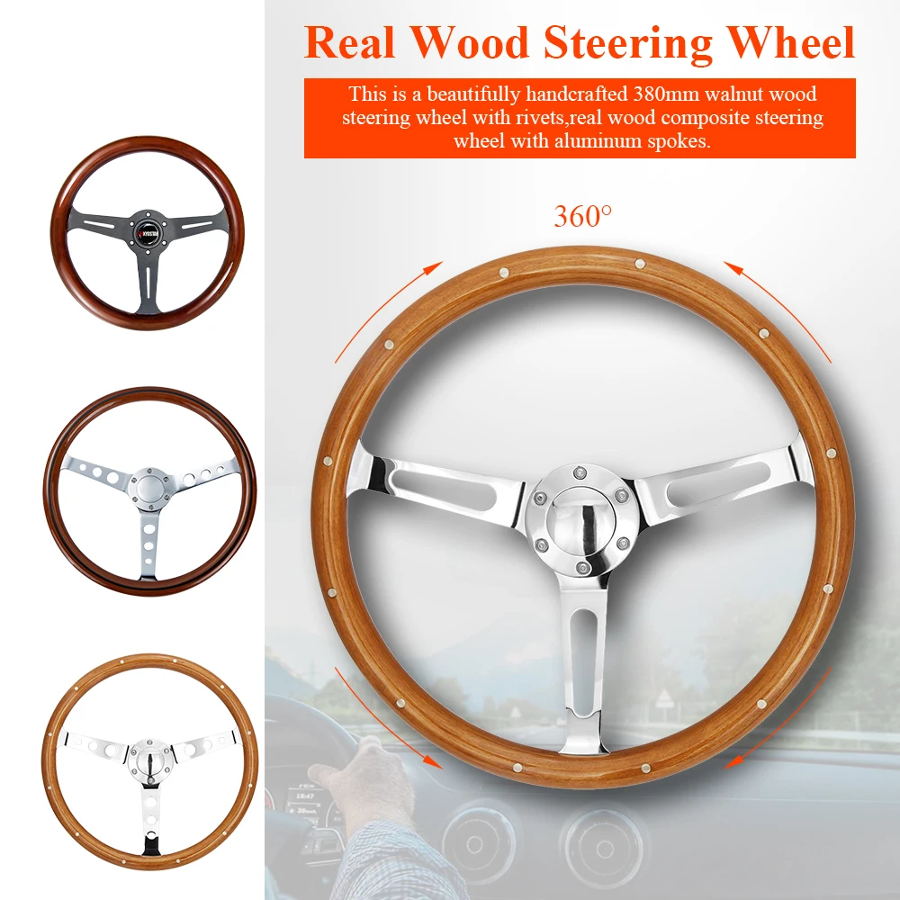 Aramox 15" Wood Steering Wheel - Walnut Grip, 3-Spoke Chrome, 6-Hole Universal Fit For Car Modification