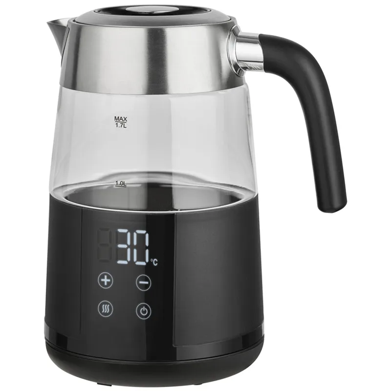 1.7L 2200W Touch Screen Double Wall Kettle Inside 304 Stainless Steel Outside PP Wooden Handle Fast Boiling Auto Off