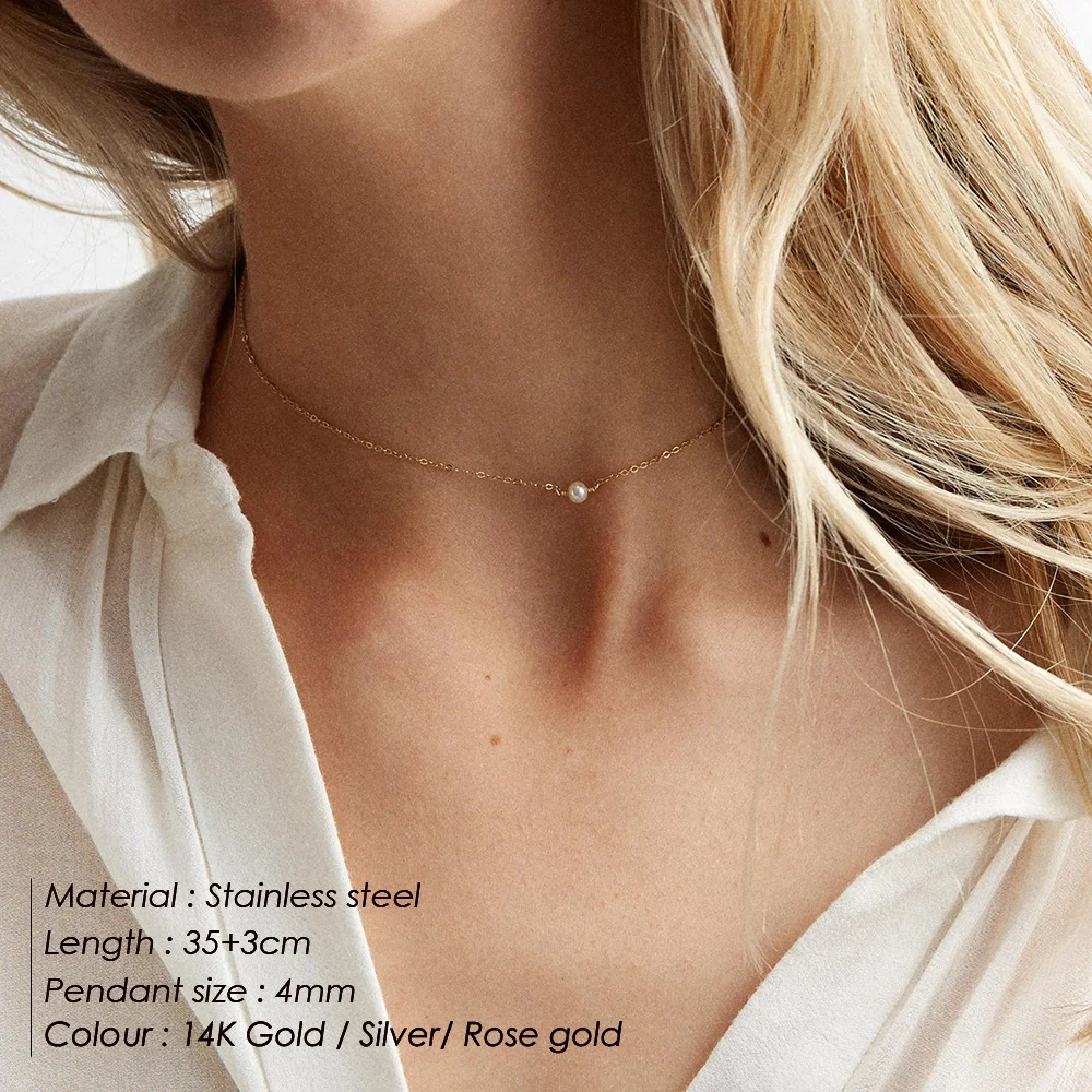 Classical New Korean Simple Design Stainless Steel Single Faux Pearl Charm Chain Necklace