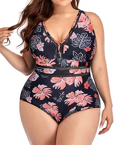 Custom New Plus Size Hot Sale Sexy Print One Piece Bikini Beachwear  V Neck Swimsuit Fat Women Cut Out Swimwear