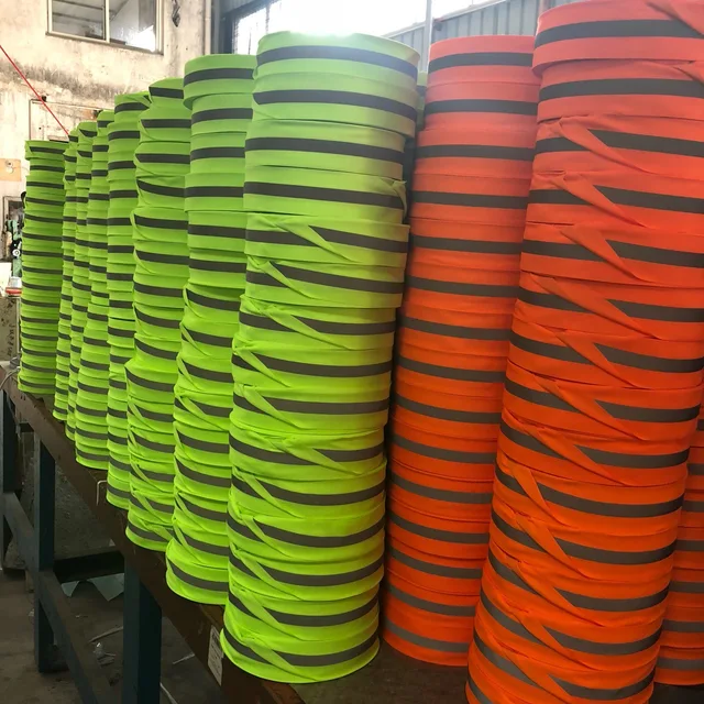 Latest fluorescence yellow webbing high visibility ribbon reflective tape for reflective safety clothing