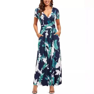 Tropical Hawaiian Turtle Back Bamboo Print Dress Loose V-Neck Wrap Short Sleeve Breast Pocket Casual Summer Beach Leisure Sheath