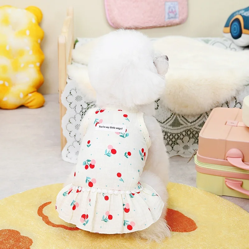 Cherry Flower Pattern Printing Cotton Pet Dog Summer Sling Tutu Skirt Dress for Spring and Fall Seasons