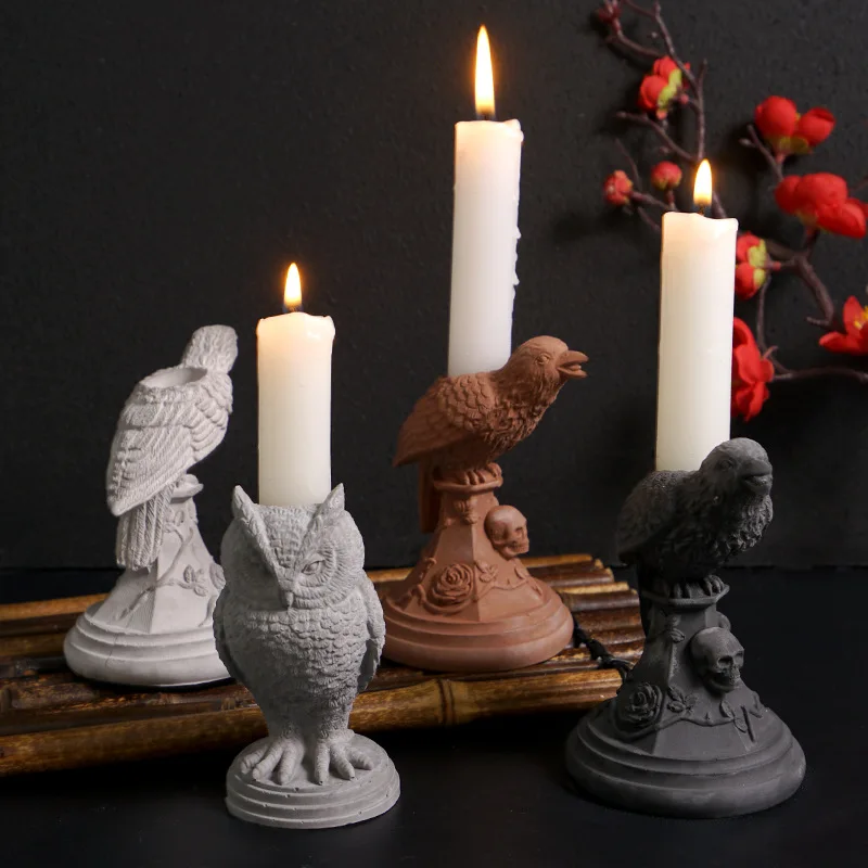Halloween Gothic Owl Candlestick Mold Retro Crow Desktop Decoration Gypsum Silicone Mold Cake Tools for Halloween Decorations details