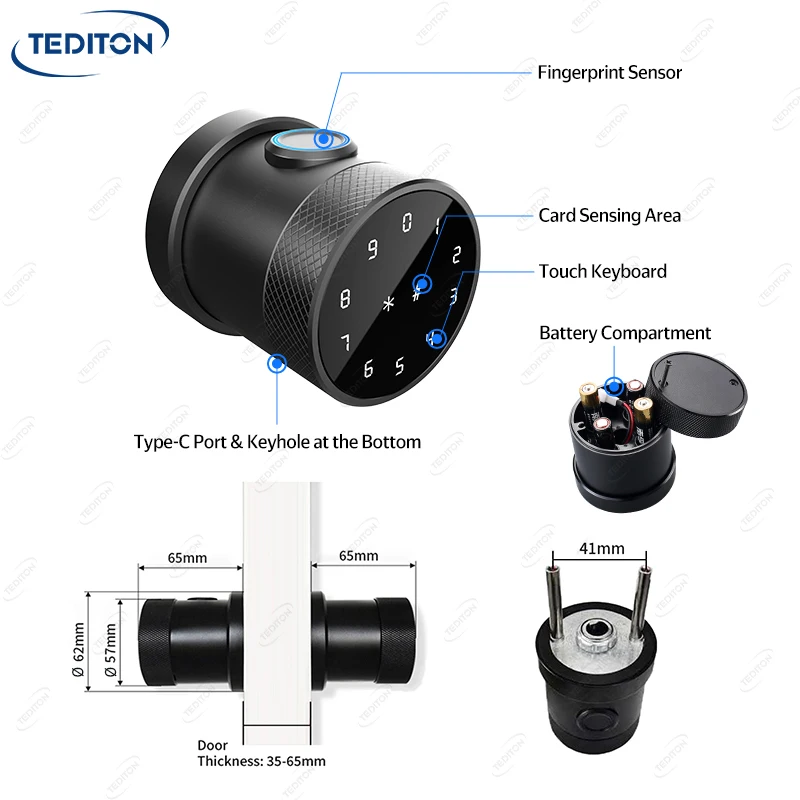 Tediton Biometric Keyless Tuya TTlock Smart Fingerprint Door Lock Door Knob App Control Smart Silver Door Knob Lock