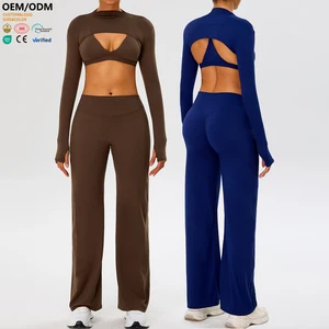 XW-TM0277Y-5 Custom High Quality Women Solid Gym Clothing Fitness Workout Sports Bra Long Sleeve Leggings 3 Piece Yoga Wear Set
