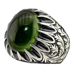Customized Green Agate Ring Hand Carved Men's Antique Ring, Antique Silver Ring 925 Men