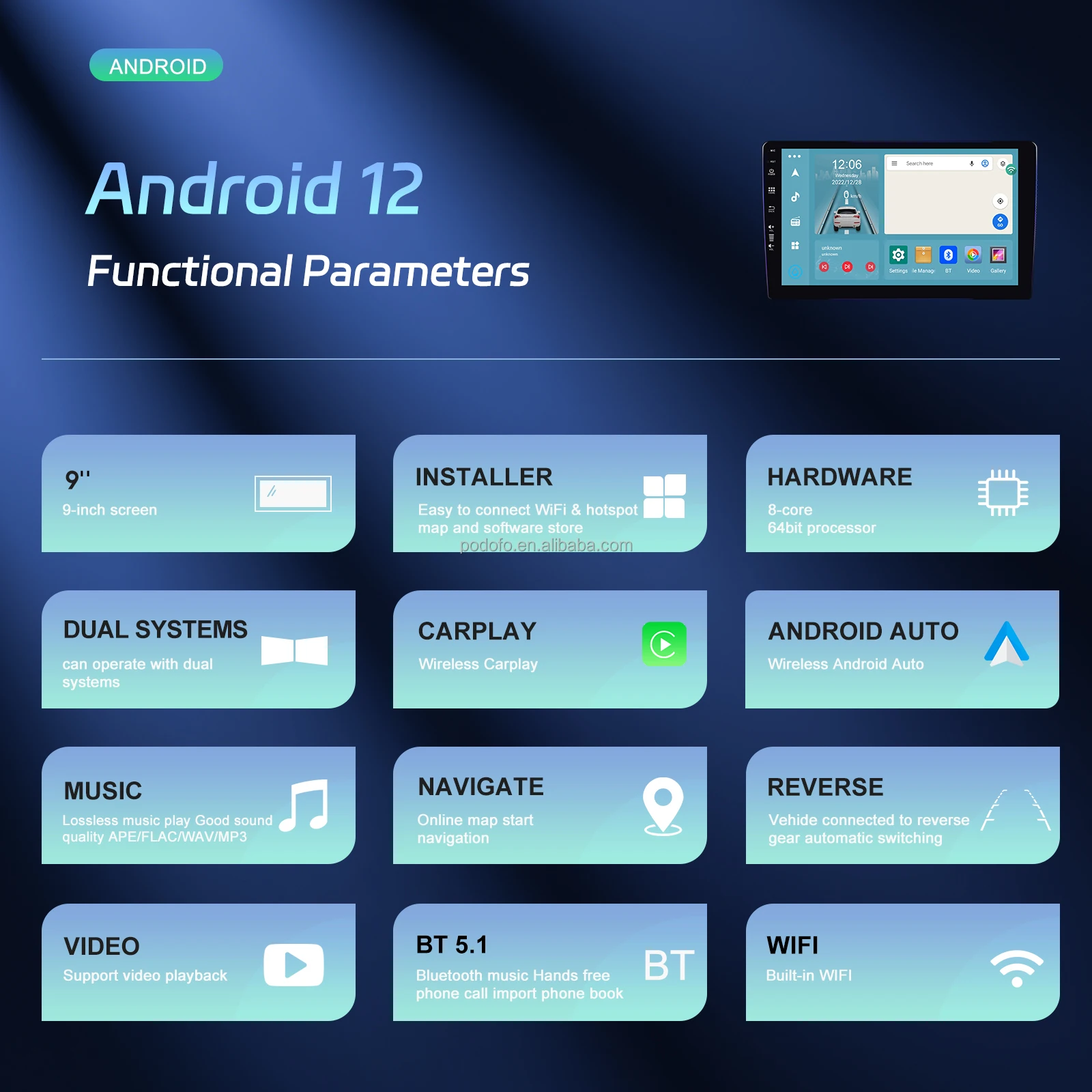 Podofo 9'' Car Radio for Toyota Corolla 2002-2006 - Android 13