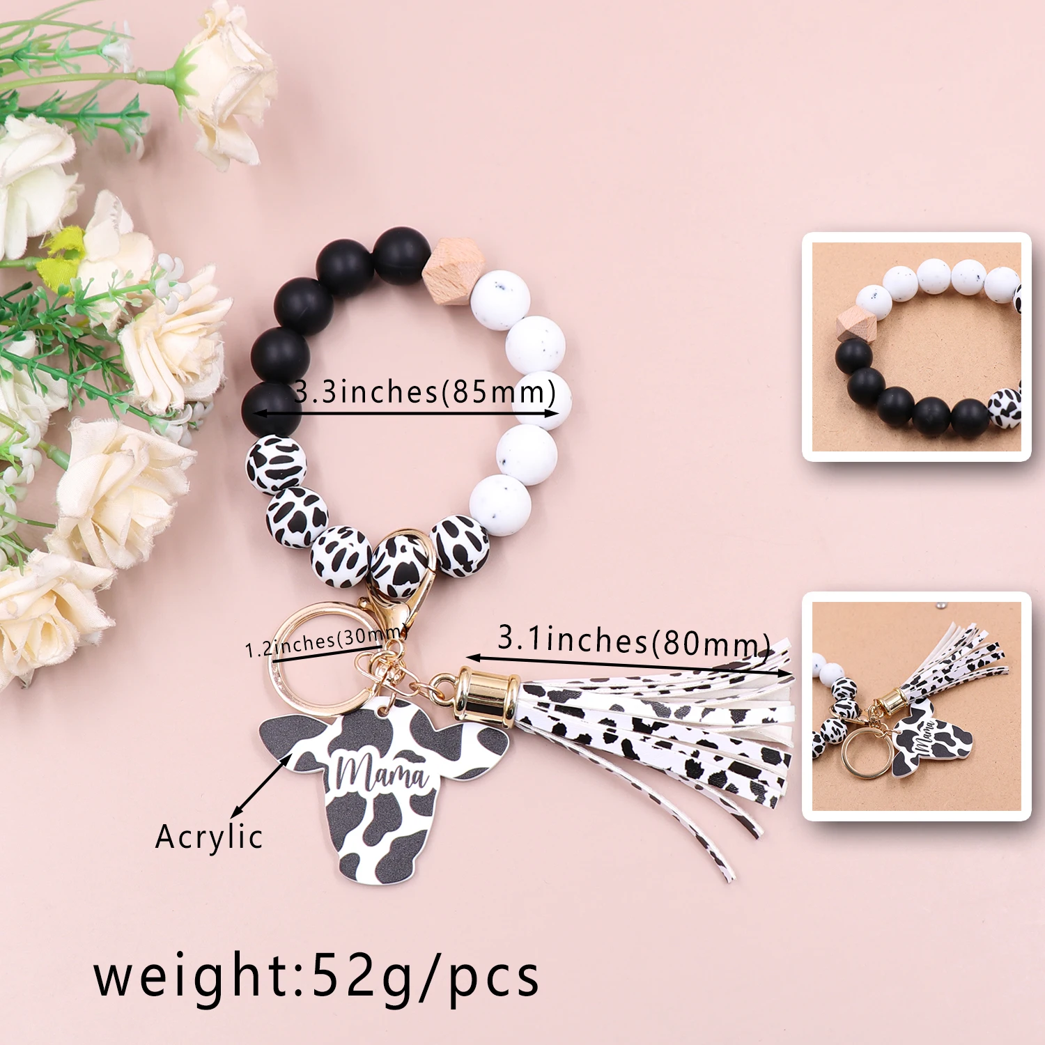 MD111KH1263 1piece New product CN  Cow Mama Keyrings Bracelets TRENDY Mother's Day Gift Silicone Beaded Wristlets Keychains details