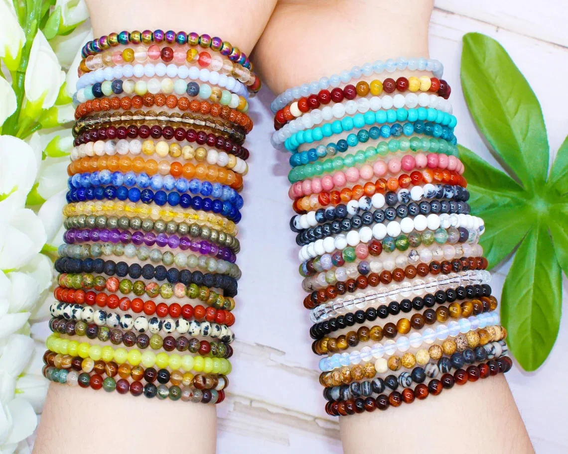 Bracciale Con Perline Di Pietre Preziose Naturali 4 Mm Per Donna - Cristalli Elastici (Aventurina, Corniola, Quarzo Rosa, Ecc.) - Lunghezza 17 Cm, Regalo Significativo