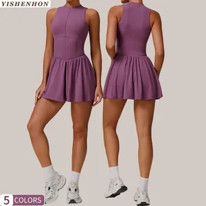 YISHENHON Women's Outdoor Running Tennis Skirt Anti-slip A-Line Skirt with Stand Collar and One Piece Dress Cloud Sense Design