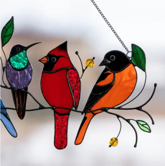 Art Stained Glass Window Panel Hanging Acrylic Birds   Decor Gift 