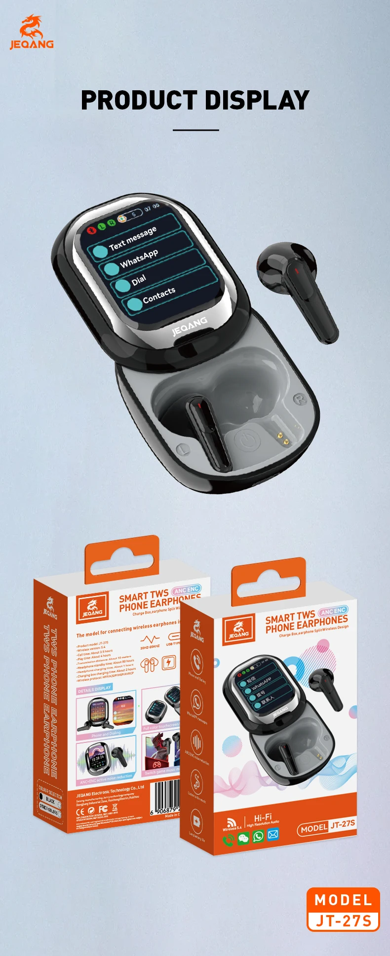 Jeqang-27S TWS BT Wireless In-Ear Earphones Smart Touch Screen Noise Cancelling Headphones Supports WeChat WhatsApp Messages