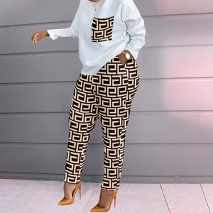 Plus Size Women's Fashion Printed Long Sleeved Oversized Women's Casual Set Elegant Two-piece Set