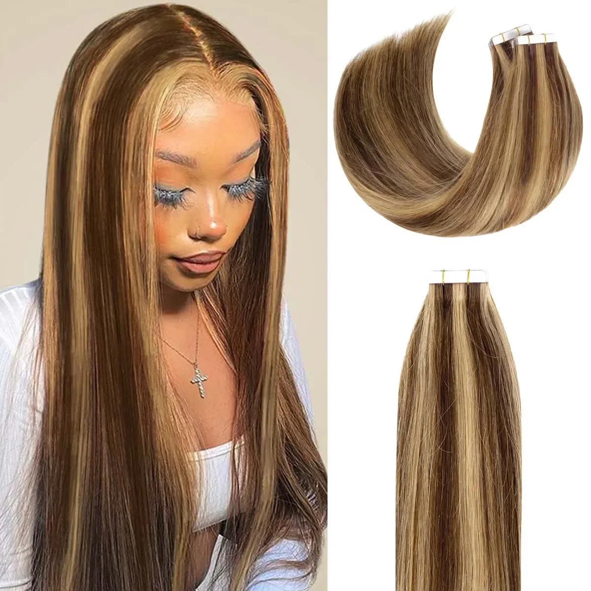Extension per capelli lisci con nastro adesivo, capelli umani #P4/27, colore Remy, 20 pezzi/confezione, 16-26 pollici, per donne_voghion.com