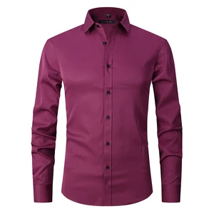 Men's Casual Slim Anti-Wrinkle Twill Shirt Single Breasted Solid Color Elastic Patchwork Design EU Size for Autumn Formal Wear