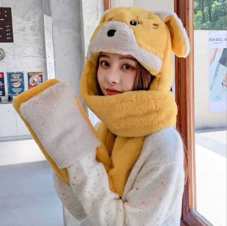 Bear Hat Autumn And Winter New Plush Gloves And Scarf Three-piece Suit One-piece Female Winter Warmth One-piece Thickened Bib