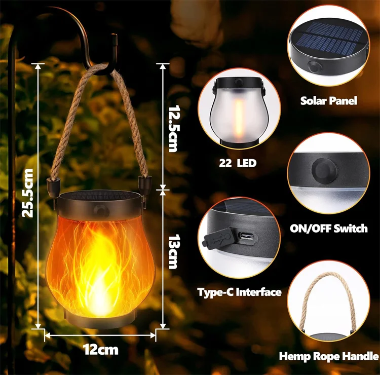 Solar Jute Flame Light USB Rechargeable Outdoor Courtyard Home Decoration Light Multi-Functional Waterproof Hanging Lamp