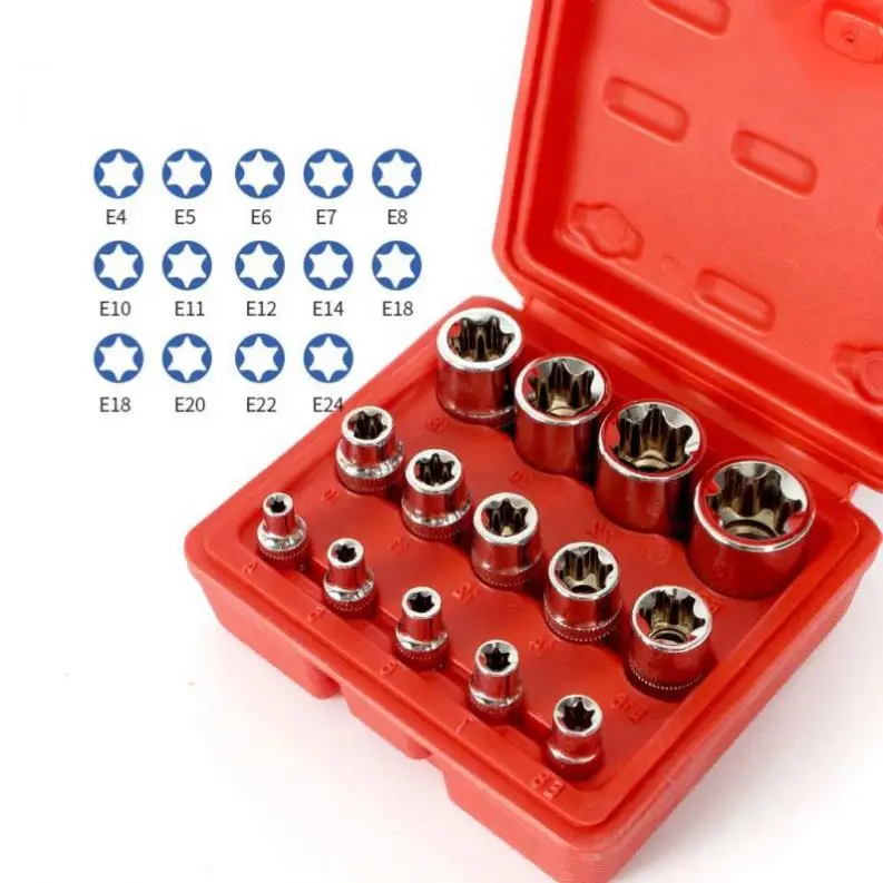 TEBAK Crv Material 14pcs/set E Torx Star Female Bit Sockets Set 1/2" 3/8" 1/4" Drive E4 - E24 Repair Tools Hand Tool Set Sleeve