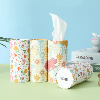 Free Custom animal patterns Car Tissue Paper Tube Round Tissue Holder Boxes Traveling Portable facial Tissues car Cylinder Box