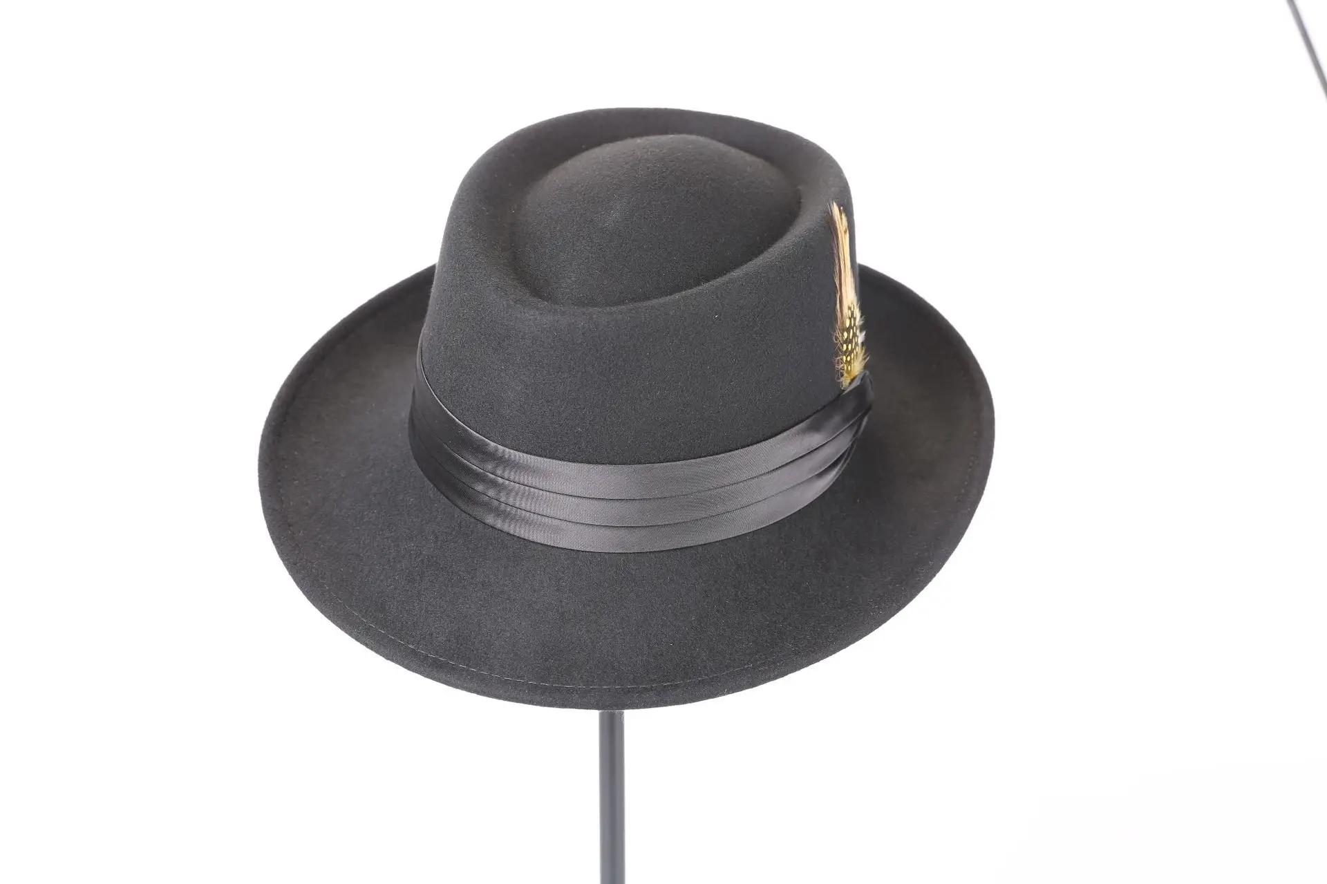 Stiff Ribbon Hat 100% Wool Felt Black Porkpie Hat Mens Blocked Hat Fedora with Satin ...