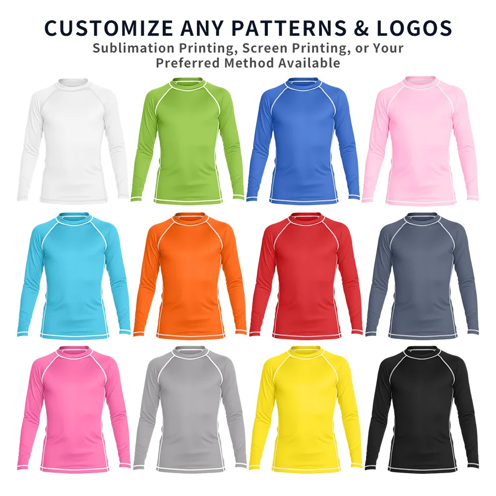 Özel Çocuk Suni İpek Üstü UPF 50 Genç Erkek Kız Uzun Kollu Hızlı Kuruyan Surf Yüzme Suni İpek Gömlek Spandeks Poliester