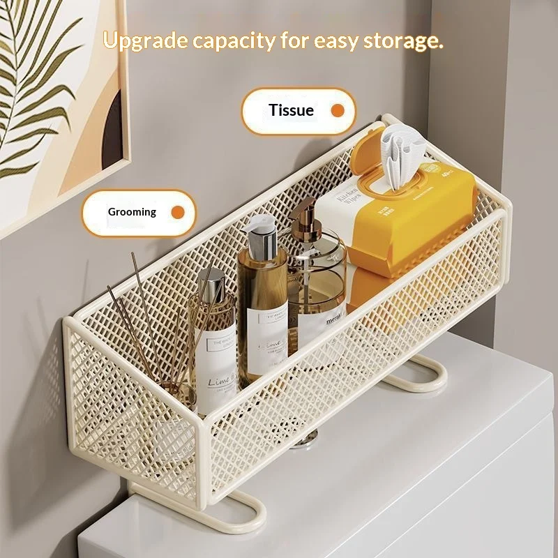Multi-functional Standing Type Metal Bathroom Toiletries Storage Rack with Punch-free Toilet Paper Shelf and Toilet Top Storage