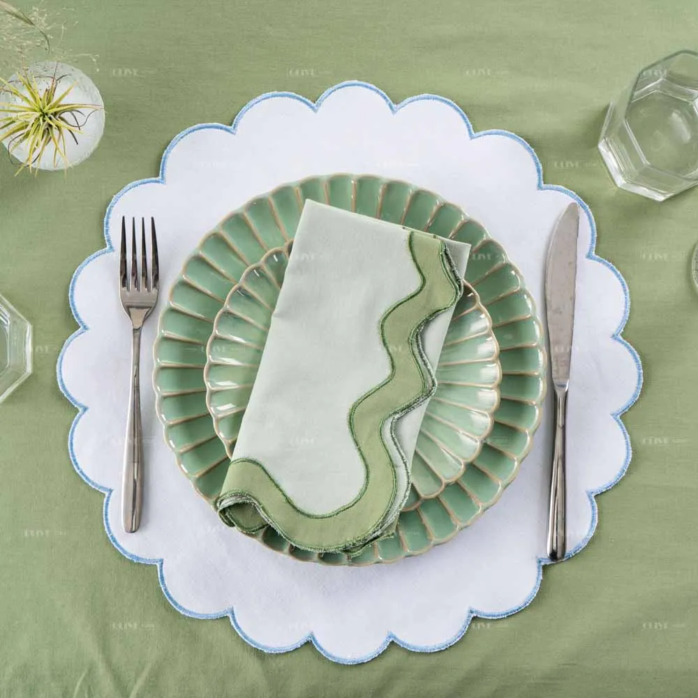 Cotton Soft Set Table Linen Napkin Lined Placemat with Scallop Embroidery End Intricate Tablescape for Wedding Party Rental