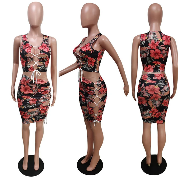 MOEN Printing Sleeveless dua buah Flower Strap String Women Summer Clothes Short Set Sexy Two Pieces Skirt Set