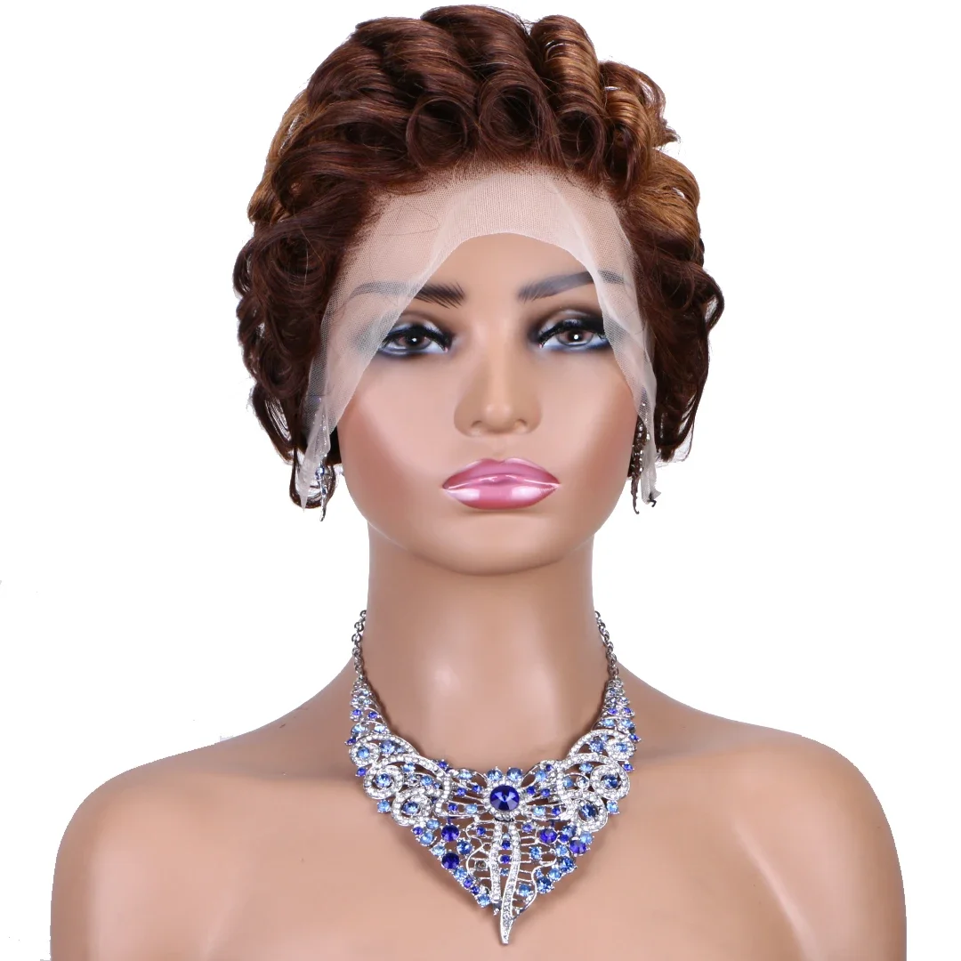 P4/30 Highlight Pixie Curly 13*4 Lace Frontal Human Hair Wig Indian Short Bob Wig_voghion.com