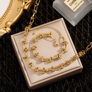 18K Gold Plated Vintage Knot Chain Necklace & Bracelet Set Stainless Steel Jewelry for Women Men Wedding Party