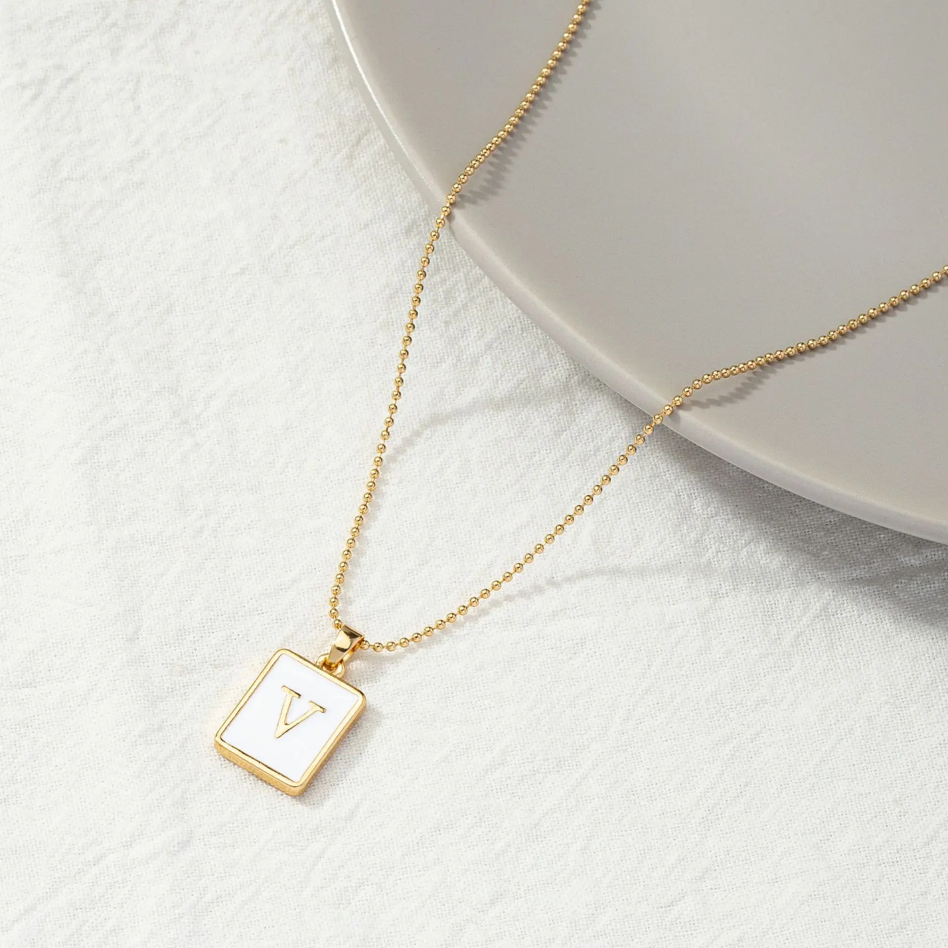 Rectangle shape gold plated brass jewelry custom A-Z initial letter pendant necklace with ball chain details