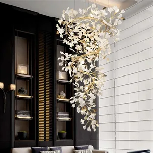 Nordic Style Ginkgo Branch Leaves Oversized Chandelier Staircase Modern Petal Chandeliers Pendant Lights Villa Mall Lighting