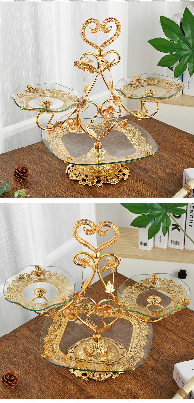 Vintage Fruit Plate Three Layer Glass Fruit Plate Light Luxury Alloy