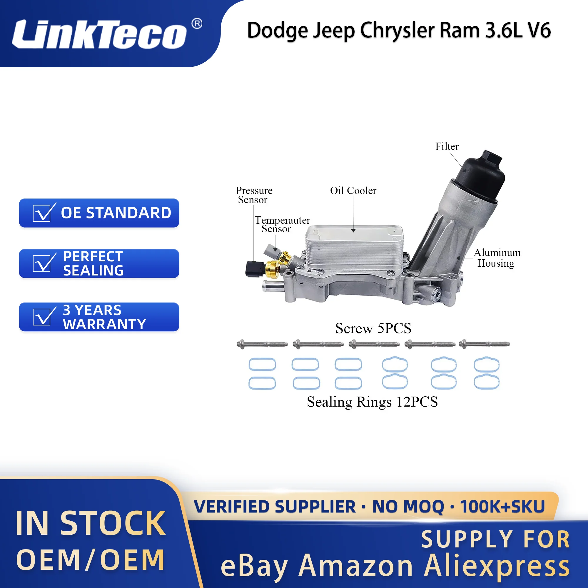 Linkteco High Quantity 926-959 Aluminum Engine Oil Filter Housing Fit for Dodge Jeep Chrysler Ram 3.6L V6 2011-2022 5184294AE